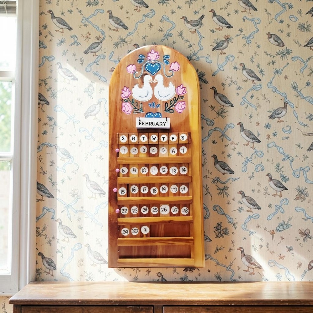 Vintage Handcrafted Bert E Wooden Perpetual Calendar Geese Folk Art Country 26"